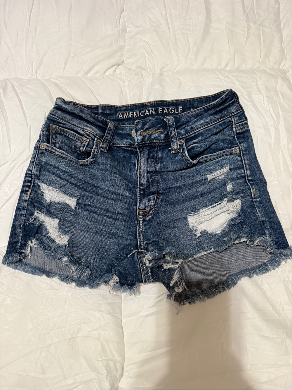 American Eagle Outfitters Women's Distressed Dark Blue Denim and white Shorts